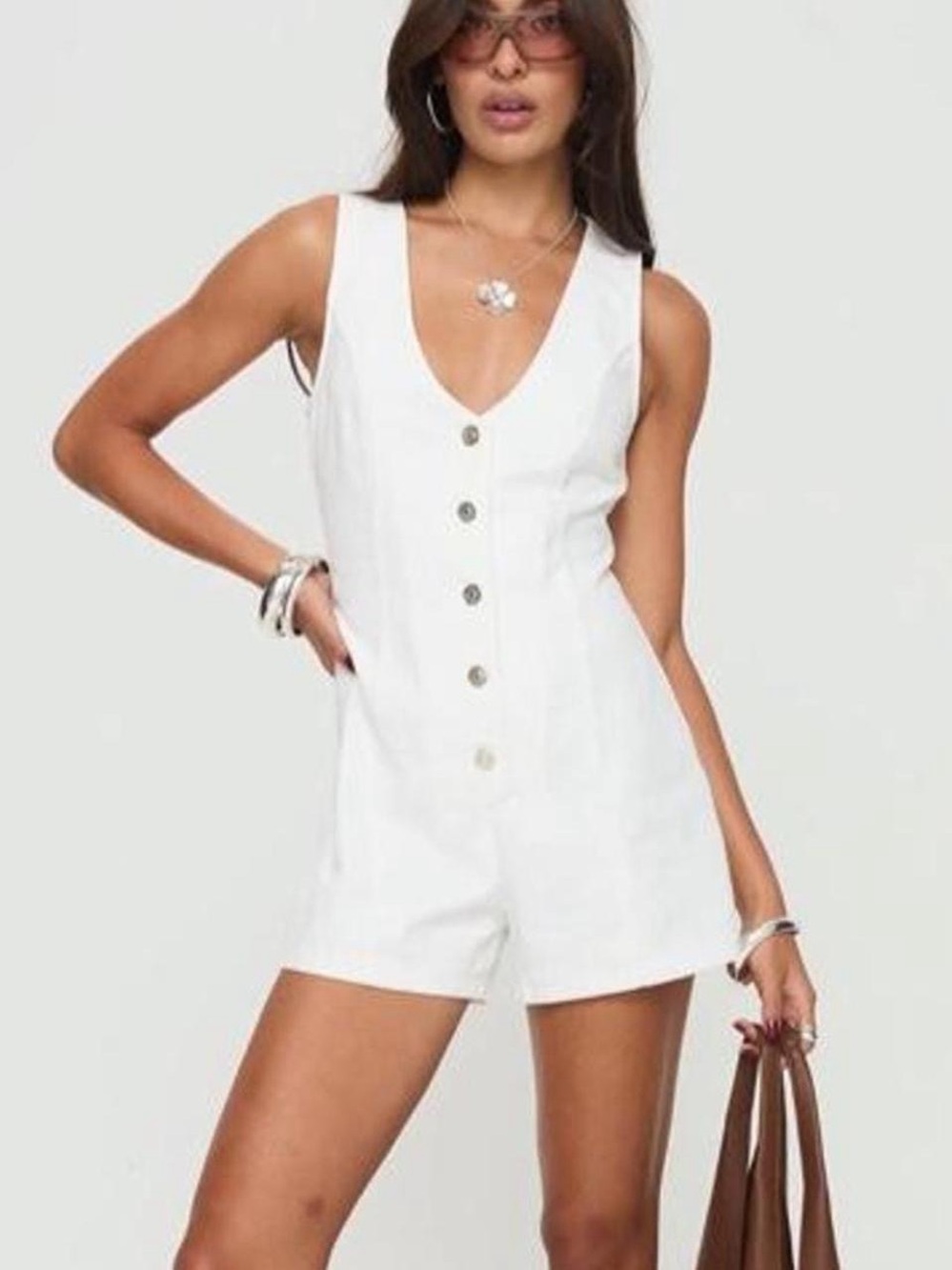 White Button-Front Sleeveless Romper